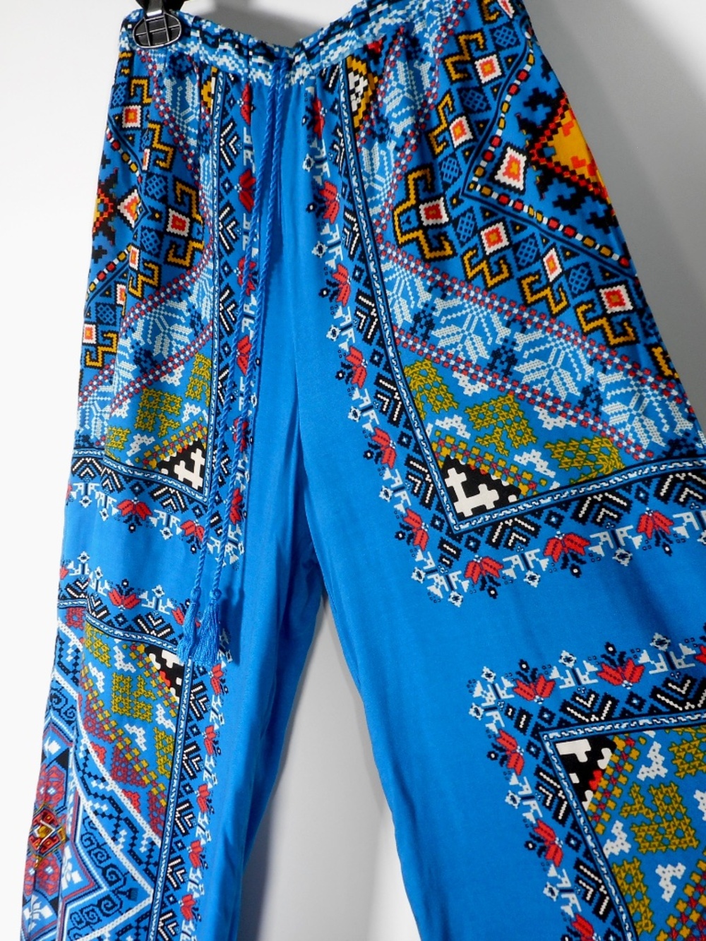 Flying Tomato Blue Sz M Boho Paisley Wide Leg Palazzo Pants Medium Tassel Front